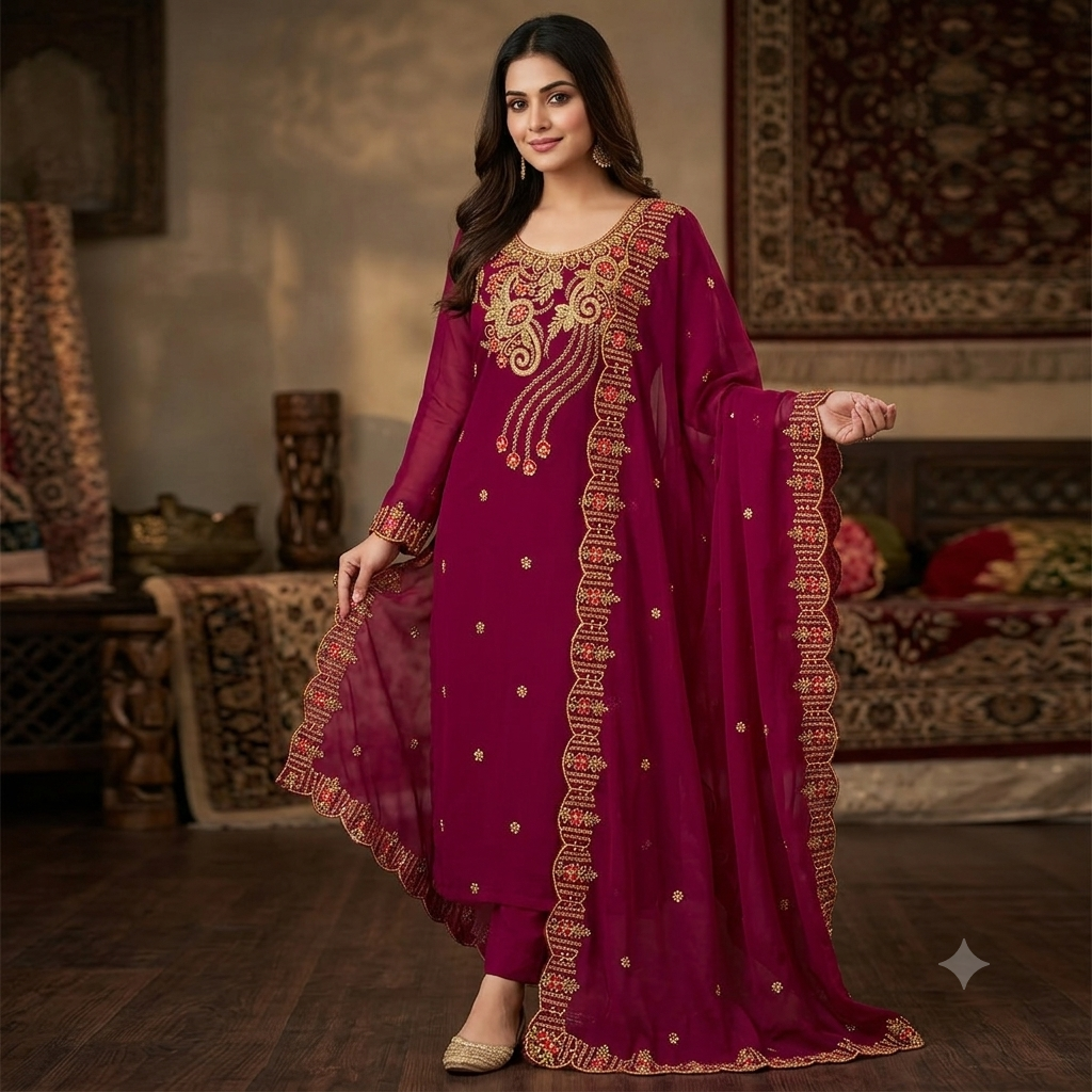 Budget Friendly Georgette Embroidery & Sequins Work Semi-Stitched Four Piece - Deep Green EHAB MART